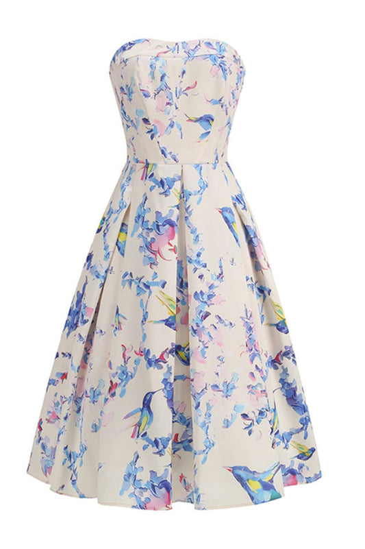 Strapless Floral Corset A Line Midi Dress