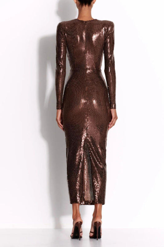 Gathered Sequined Midi Dress in Brown