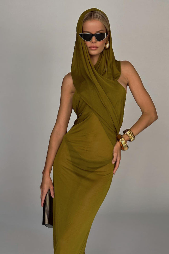 Carleigh Ruche Maxi Dress With Headscarf | Dress In Beauty