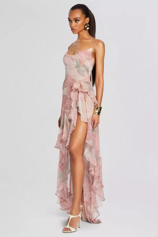 Printed Ruffle Asymmetric Maxi Dress