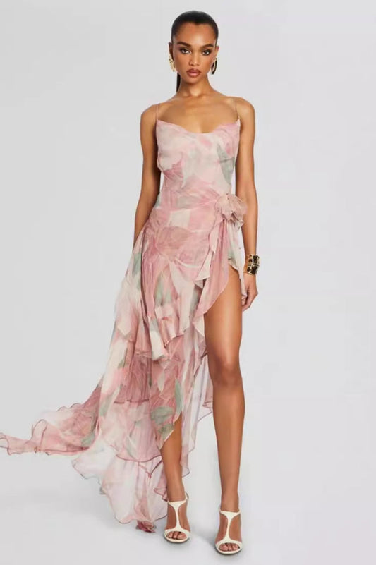 Printed Ruffle Asymmetric Maxi Dress