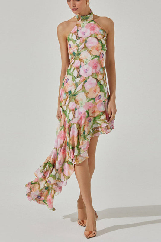 Sabina Asymmetric Floral Halter Midi Dress