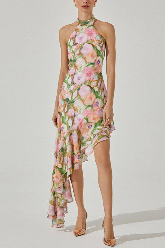 Sabina Asymmetric Floral Halter Midi Dress