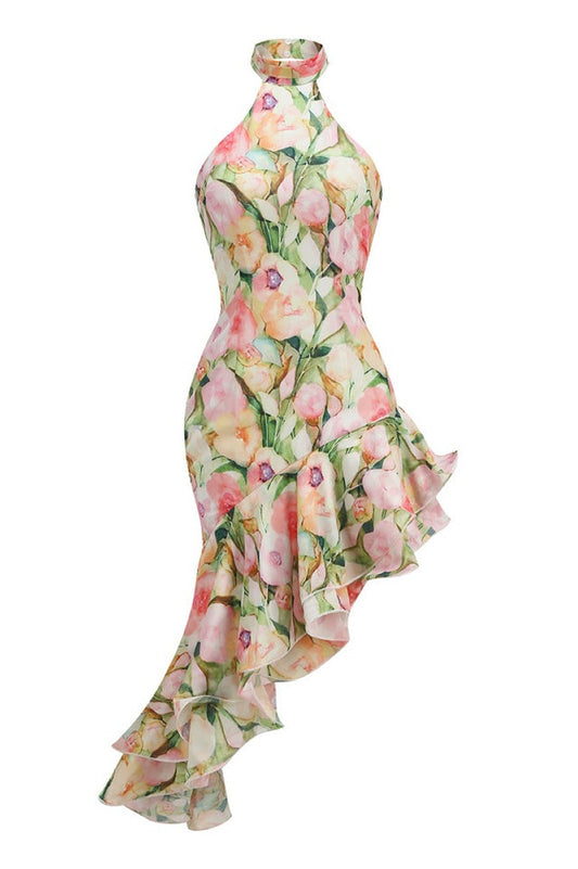 Sabina Asymmetric Floral Halter Midi Dress