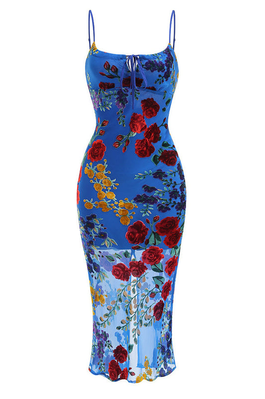 Julie Floral Velvet Burnout Backless Midi Dress