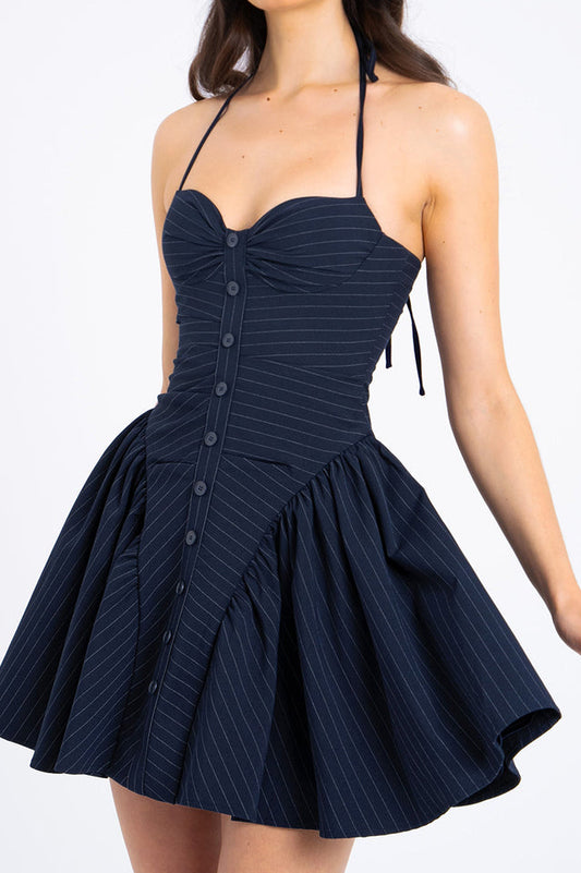 Melody Pinstripe Halter Drop Waist Mini Dress