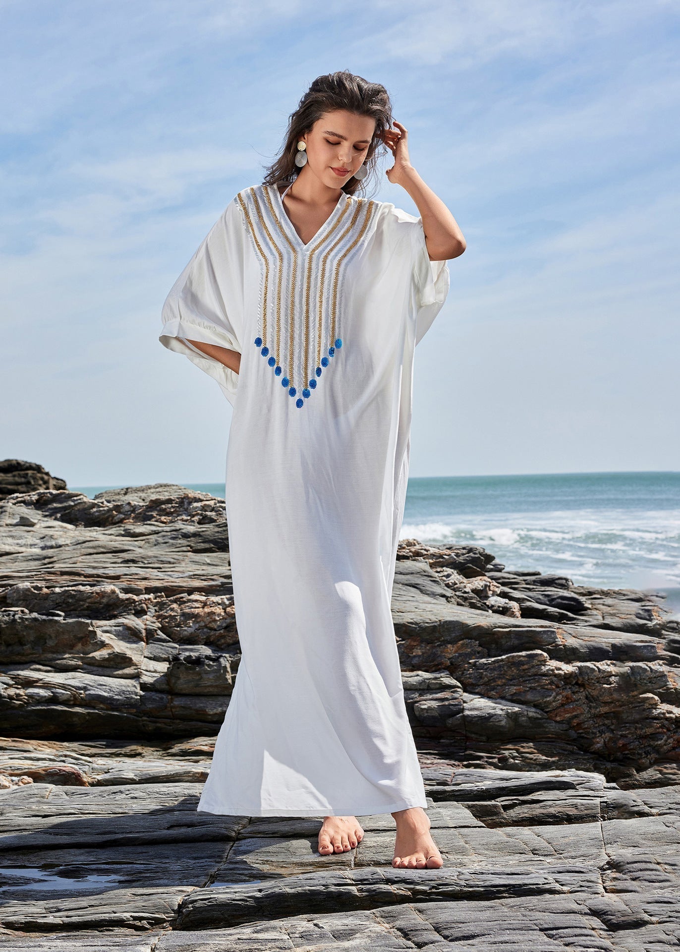 Santorini Charm - Embroidered Kaftan Maxi Dress - Blacktats