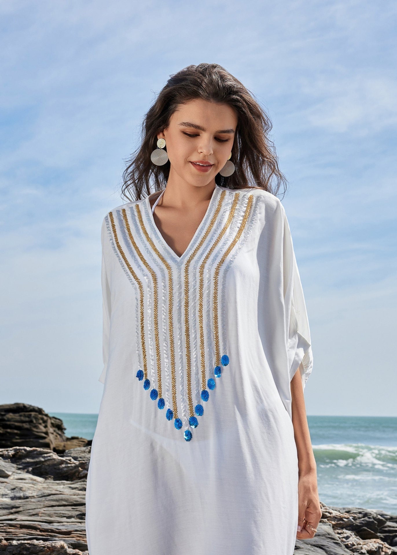 Santorini Charm - Embroidered Kaftan Maxi Dress - Blacktats