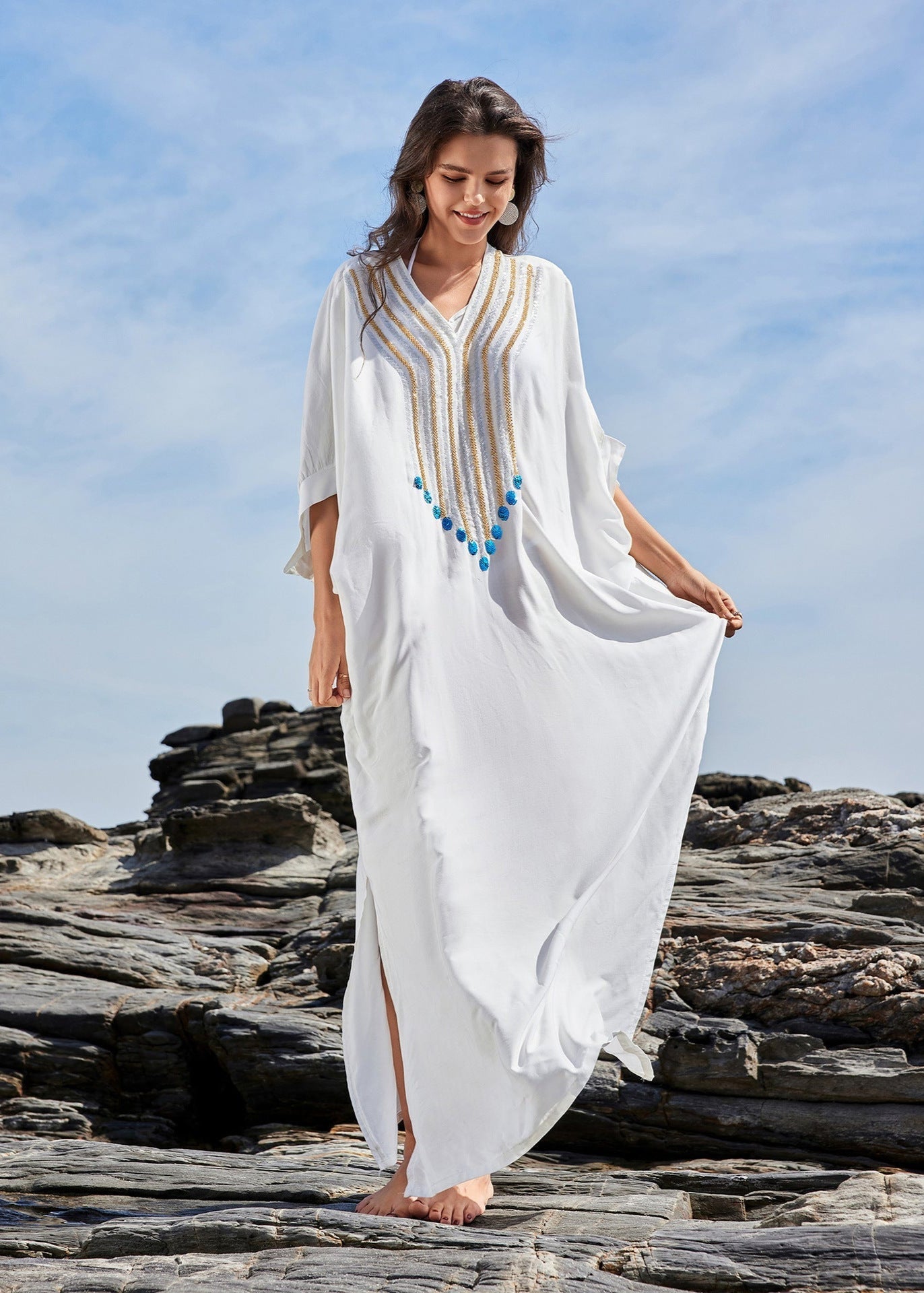 Santorini Charm - Embroidered Kaftan Maxi Dress - Blacktats