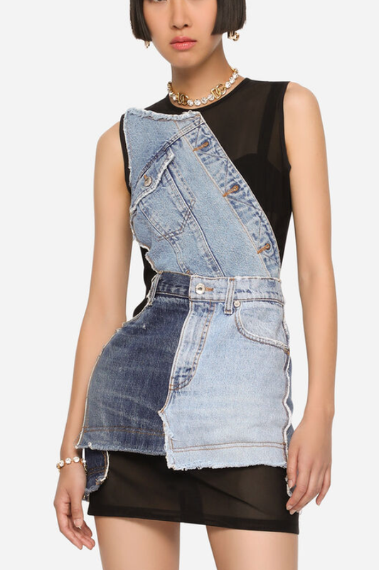 Patchwork Denim & Jersey Minidress