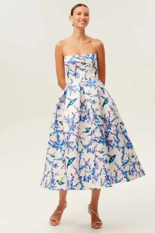 Strapless Floral Corset A Line Midi Dress