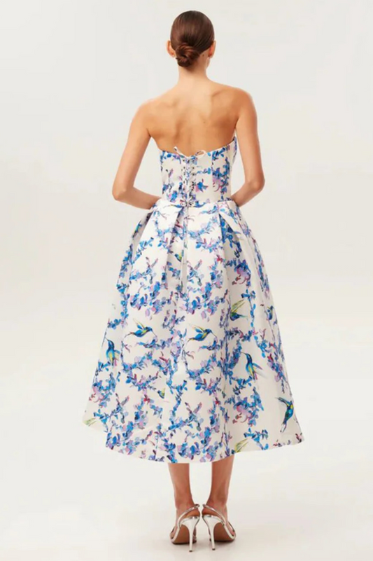 Strapless Floral Corset A Line Midi Dress